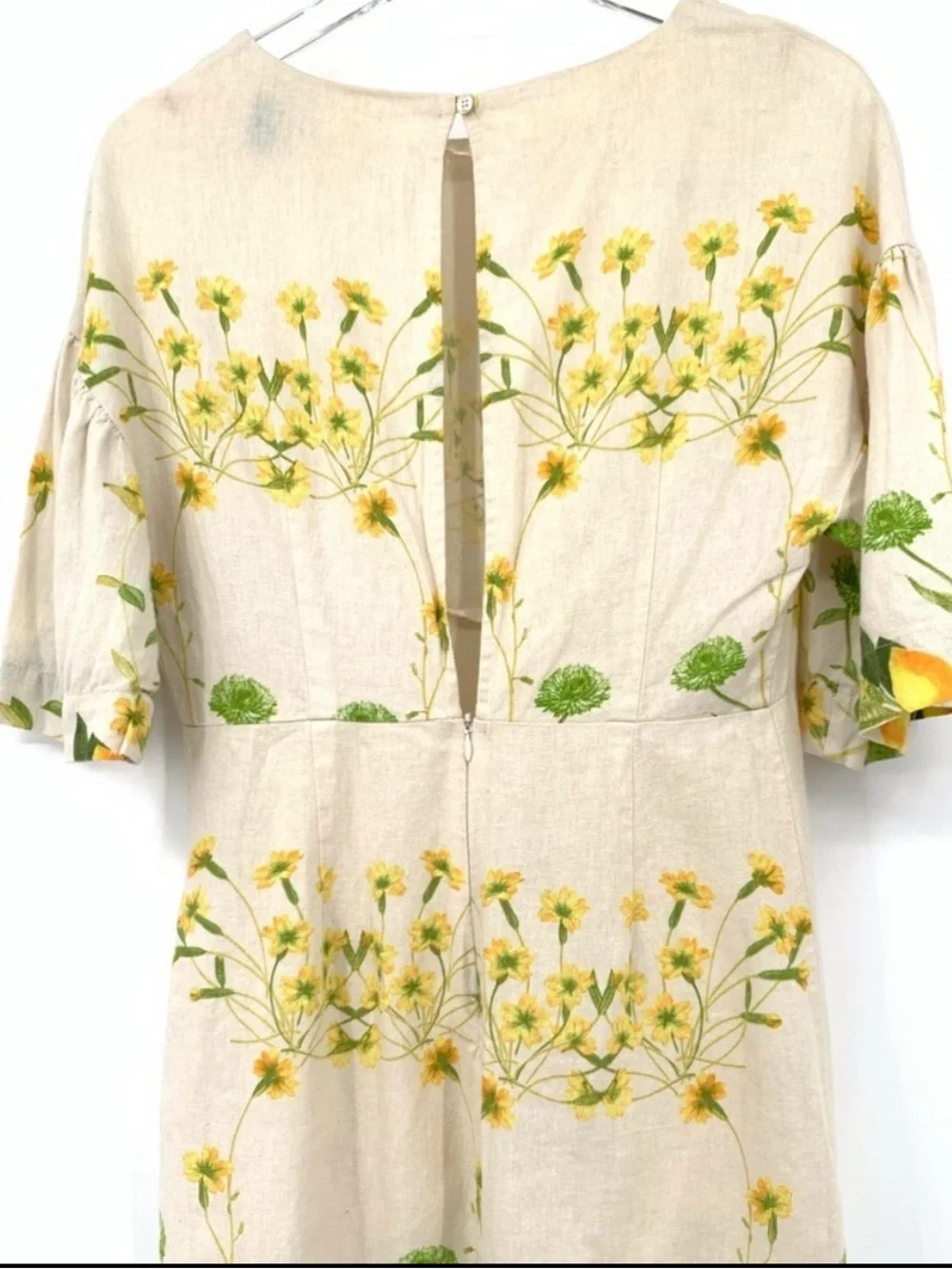 VGUC FARM Rio Linen Floral Mini Shift Dress with Yellow & Green Botanical Motif